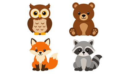 Fototapeta premium Cute cartoon forest animals set with owl bear fox and raccoon