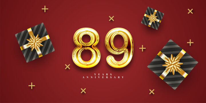 89 years annivesary gold with gift box and red background