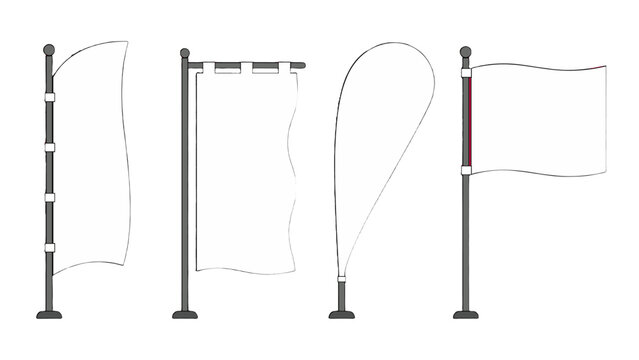 Set of blank waving flags and fabric banners on flagpoles