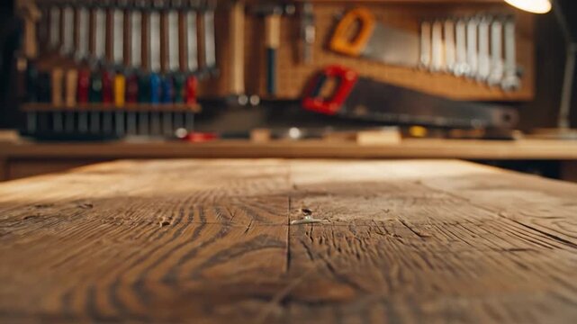Wooden workbench in a workshop with tools.
