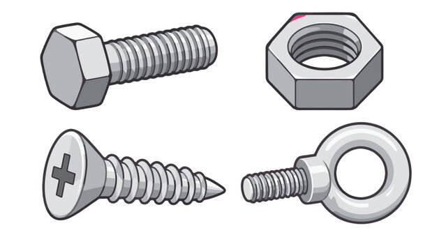 Flat vector set of metal bolt, nut, screw, and eye bolt