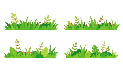 Set of green grass border strips with leaves and small plants © Mark
