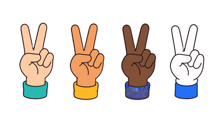 Fototapeta premium Cartoon hands showing peace or victory sign in different skin tones