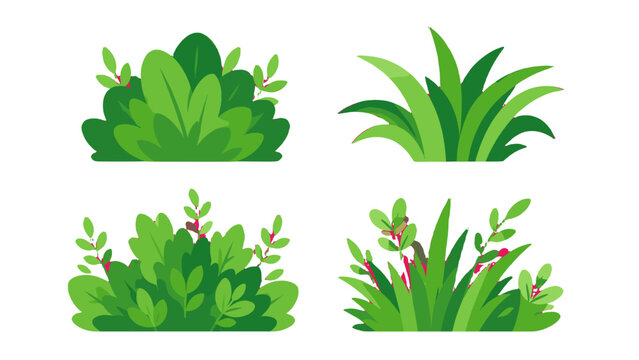 Set of green garden bushes and grass in flat vector style