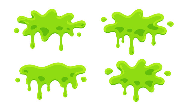 Set of green slime splatters and dripping goo shapes