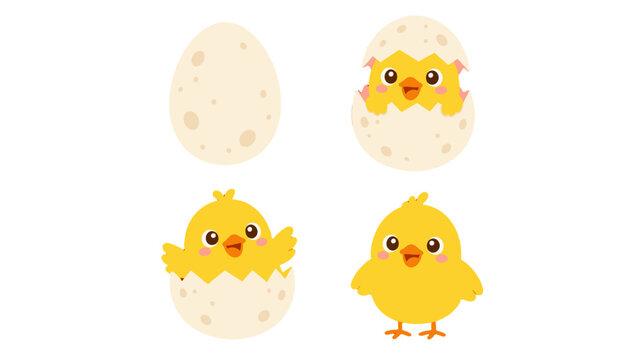 Cute yellow chick hatching from eggshell cartoon set