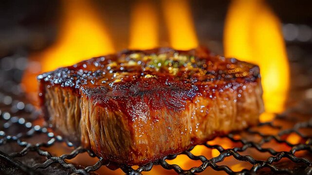 Close up chunk of meat steak on a fire barbecue rack with blazing flame background, smoky grilled food scene with intense heat.