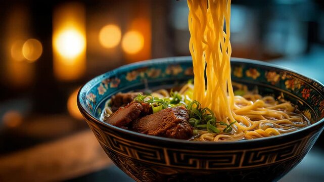 Chinese spicy meat noodles with chopsticks lifting noodles, flavorful Asian cuisine scene with rich broth and delicious comfort food mood.