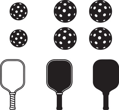 Pickleball equipment vector icons set with black silhouettes and outlines of paddles and perforated balls isolated on white background for sports