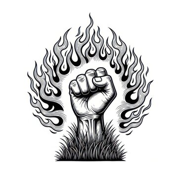 Raised fist clenched in triumph with burning fire flames in black ink style