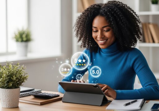 Smiling Young Black Woman Giving Five Star Rating on Tablet for Excellent Customer Service and Online Business Feedback