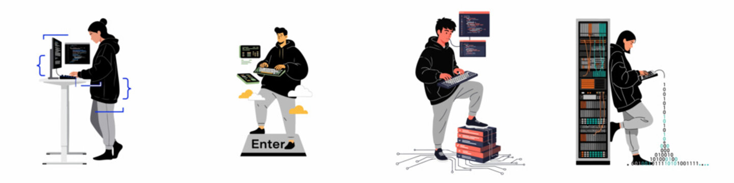 Set of flat vector illustrations featuring diverse software developers and programmers working on code, server racks, and computer hardware in creative workspaces.