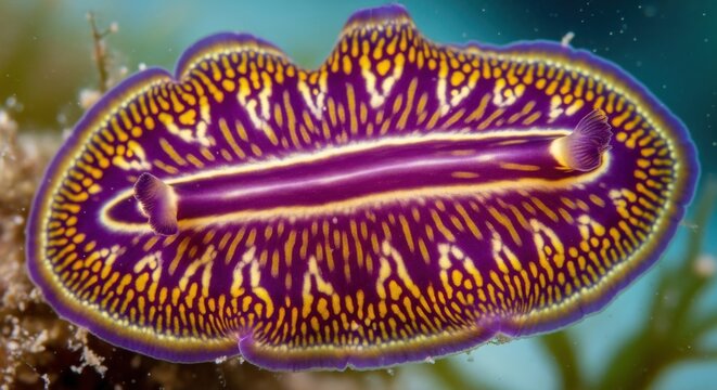 Vibrant Purple and Yellow Marine Flatworm Pseudoceros species Underwater Macro Photography on Coral Reef