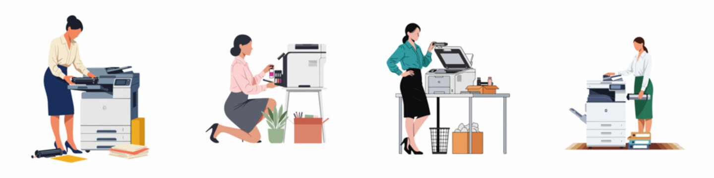 Four flat vector illustrations of businesswomen performing maintenance tasks like replacing toner and refilling ink on various office printers and copiers.