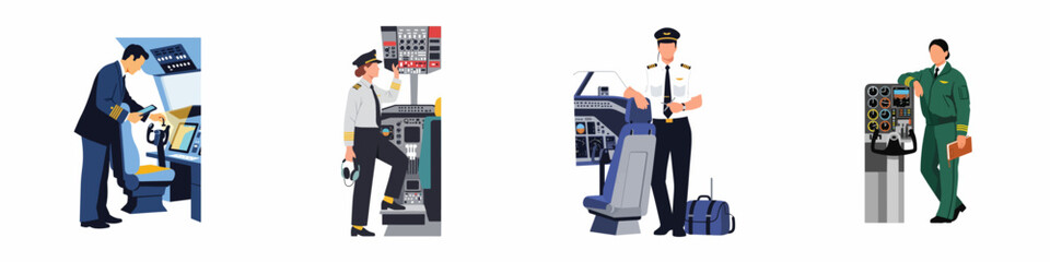 Fototapeta premium Set of illustrations featuring male and female airplane pilots in various cockpit settings and uniforms, showcasing aviation professionals at work.