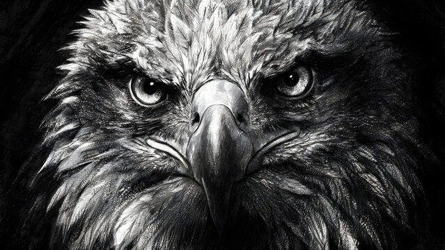 A powerful black and white close-up portrait of an eagle showcasing intense eyes, sharp beak details, and dramatic feather textures against a dark background