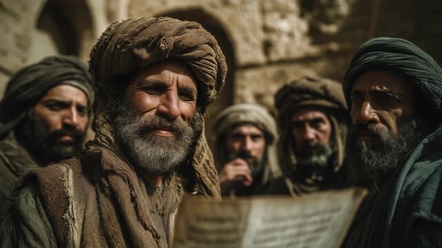 Ancient Israeli men reading God&rsquo;s commandments together on a town street, biblical historical scene with faith, tradition, and community.
