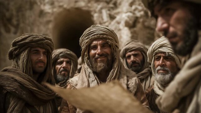 Ancient Israeli men reading God&rsquo;s commandments together on a town street, biblical historical scene with faith, tradition, and community.