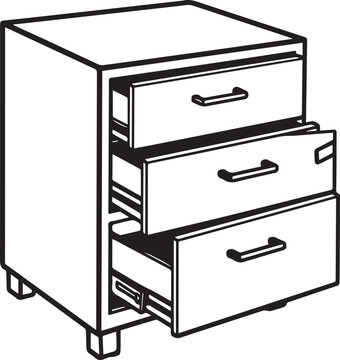 A simple line art illustration of a filing cabinet with three open drawers, revealing the metal runners and internal structure.
