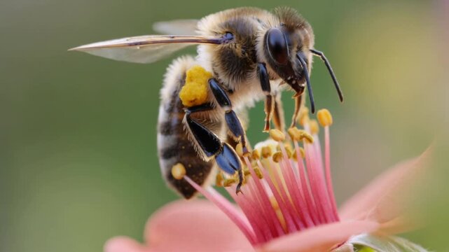 Honeybee Collecting Pollen from Flower Macro Close-Up, Wildlife Nature Slow Motion Cinematic