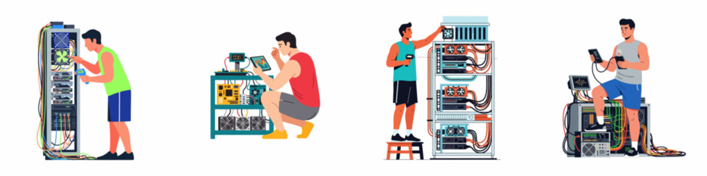 Set of flat illustrations showing men maintaining and monitoring cryptocurrency mining rigs and server racks with hardware and messy cables.