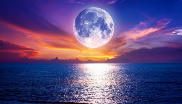 Super Moon Colorful Sky With Cloud And Bright Full Moon Over Seascape