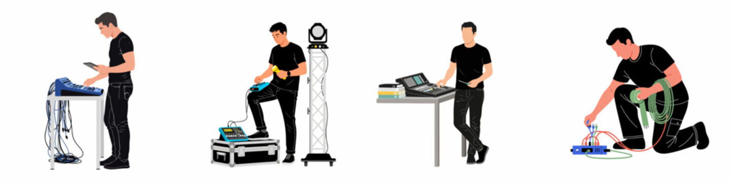 Set of illustrations depicting professional stage crew and event technicians setting up audio, lighting, and cables for a live event production.