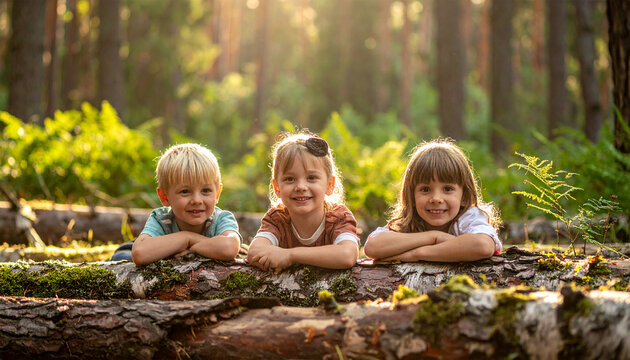 Kinder spielen im Wald mit Baumstämmen