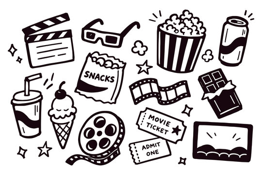 Movie Night Doodle Sketch Set Vector Illustration