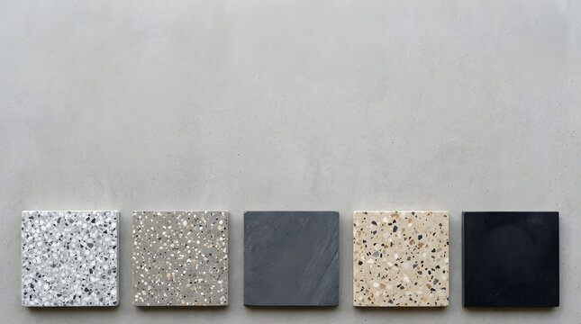 Terrazzo and stone tile samples arranged in a row on a smooth grey concrete surface with copy space above for interior design projects.