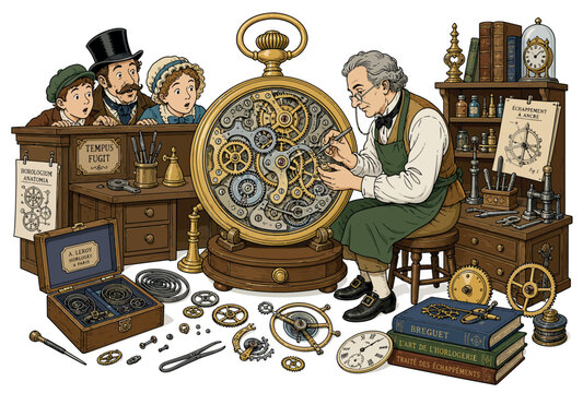 Clockmaker at work with family.