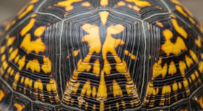 Detailed Close-up of an Eastern Box Turtle Shell Showing Intricate Yellow and Black Geometric Patterns and Texture