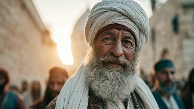 Senior rich Indian man wearing a white head wrap looking at camera on a bustling ancient city street, historical cultural portrait.