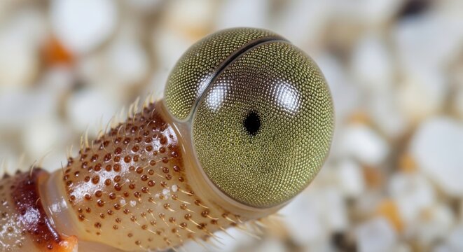 Extreme Macro Close-up of a Dragonfly Compound Eye Showing Detailed Ommatidia and Pseudopupil on a Sandy Background