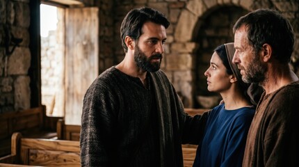 Fototapeta premium Saint Paul talking with tentmakers Aquila and Priscilla in ancient Corinth. Biblical scene depicting apostle meeting fellow workers. Historical reenactment of religious community.