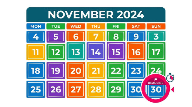 A colorful calendar for November 2024 with a deadline marked on the 30th on transparent background