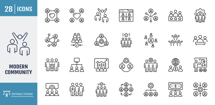 Modern Community icon set. including neighborhood, friendship, family, love, teamwork, team building. outline icon set. vector illustration with editable stroke