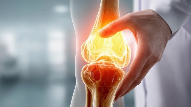 Knee joint pain inflammation medical doctor hand holding leg anatomy bone concept with orthopedic examination, glowing x ray diagnosis, treatment and rehabilitation in medical office