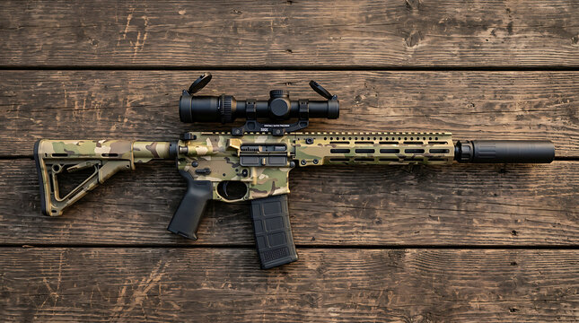 Tactical Camouflage Firearm with Scope and Suppressor, Resting on Rustic Wooden Planks