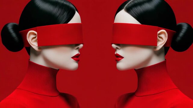 Fashion ad creative symmetry shot of a woman in red with red paper covering her eyes, bold artistic portrait with mysterious mood.