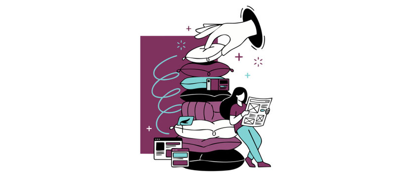 UI UX design vector illustration showing tech stack represented as soft colorful pillows with female designer planning website wireframe layout, creative comfortable digital software workflow concept