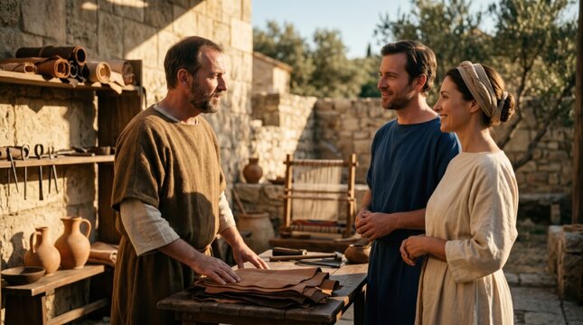 Apostle Paul meeting Aquila and Priscilla in a tentmaker workshop in Corinth. Biblical scene of artisans working with leather in ancient city. Religious history and friendship concept.