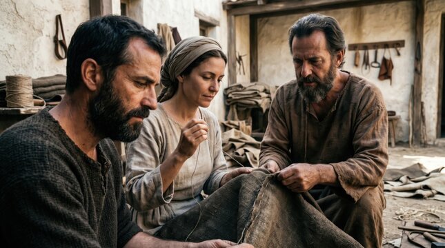 Biblical apostle Paul working with tent makers Aquila and Priscilla in ancient workshop. Historical scene depicting manual labor, sewing fabric, and biblical craftsmanship concept.