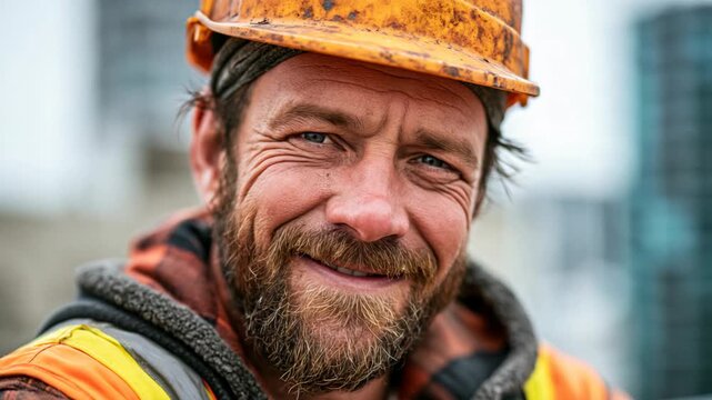 Close up face portrait of a Caucasian worker man wearing a safety cap, smiling at camera with confident professional construction mood.