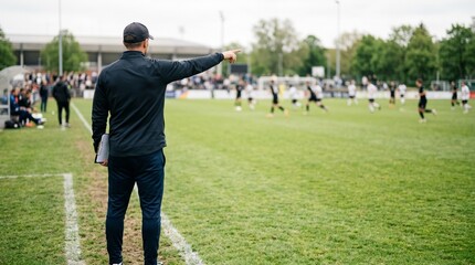 Obraz premium Football coach pointing and giving directions from the sideline