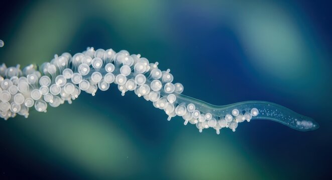 Macro Photography of a Translucent Marine Organism with Bulbous Zooids Underwater in the Deep Blue Sea