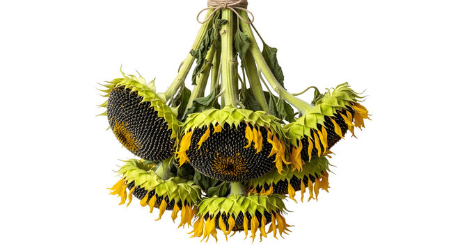 Bunch of ripe sunflowers with heavy seed heads tied together with twine