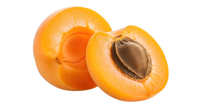 Fresh apricot cut in half revealing juicy flesh and brown seed on white background