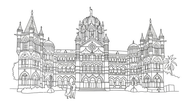 Detailed line drawing of historic Gothic Revival building facade.