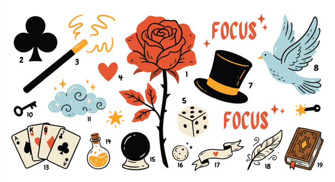 Vintage magic show vector icons set, retro circus performance elements with rose and top hat, mystical magician equipment collection